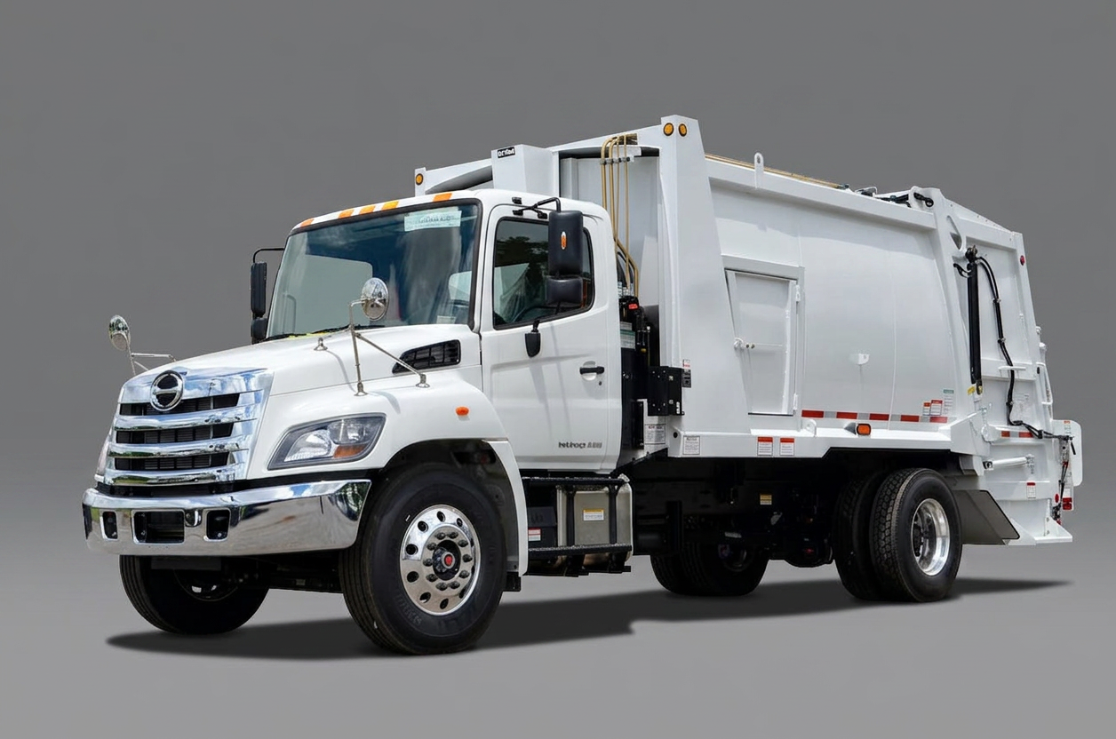 E-Z Pack A300 REL rear-loader refuse truck on collection route