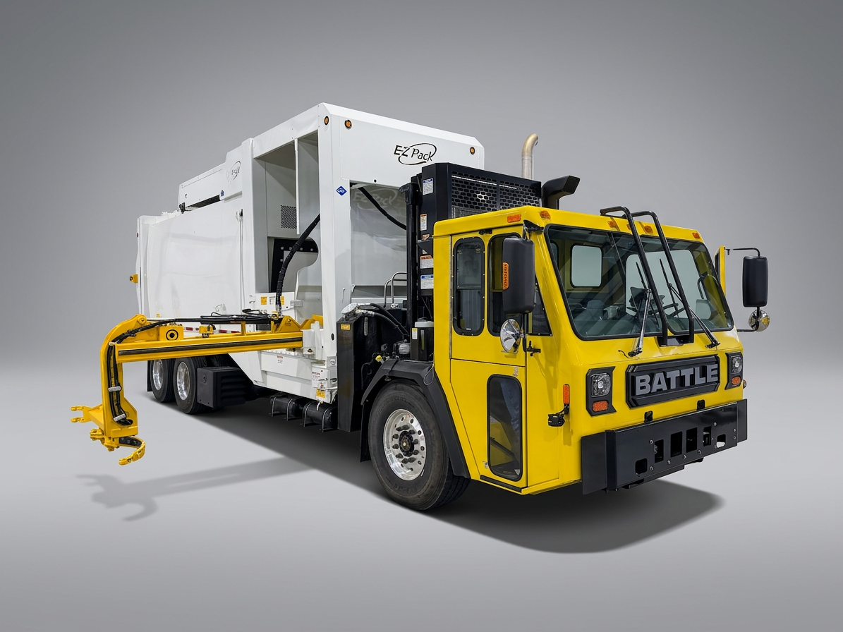 E-Z Pack Ranger manual side loader and residential route equipment in the field