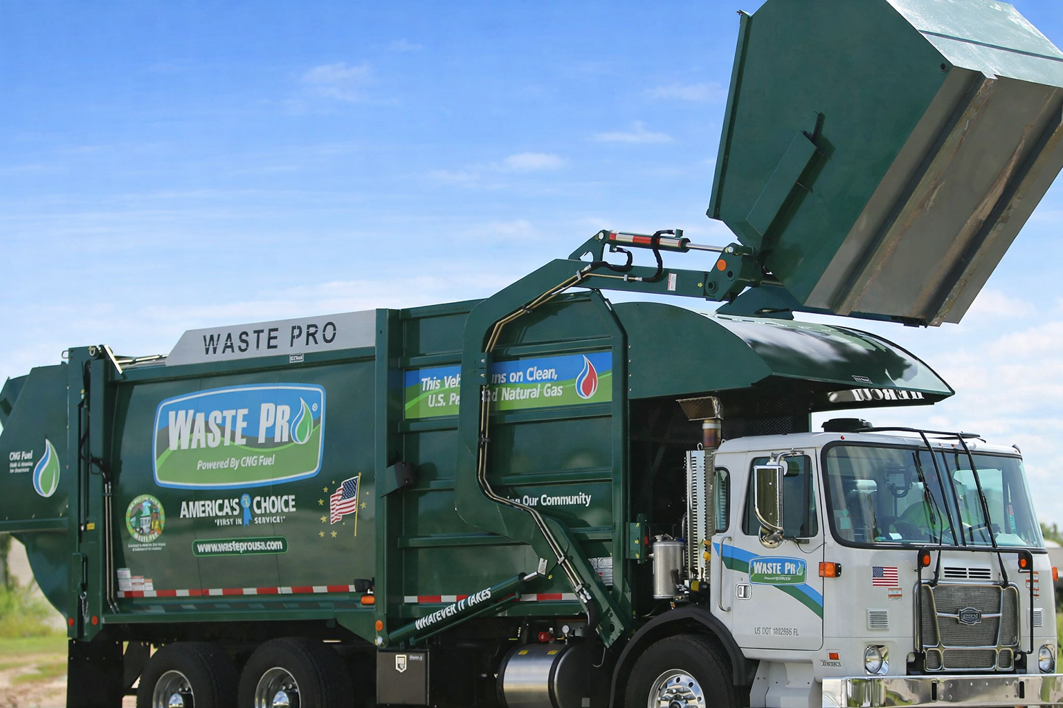 Waste Pro refuse collection garbage truck on display