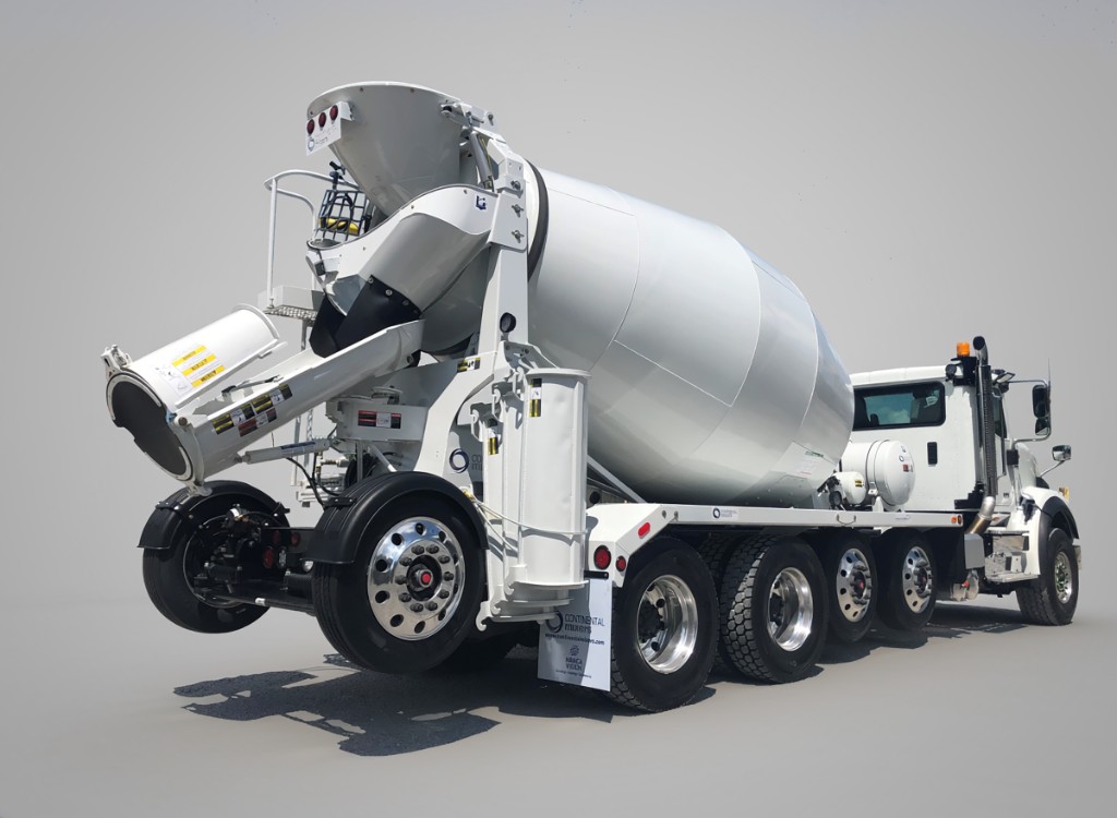 Continental Thoroughbred ready-mix mixer truck, rear three-quarter view with drum and discharge chute